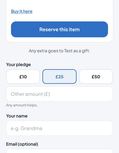 The chip-in screen in the test app, where a giver picks an amount towards a bigger present