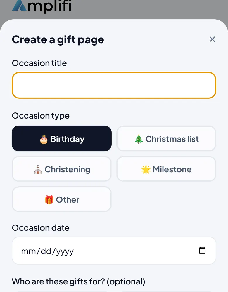 Screenshot of the Create a gift page form in the test app, with occasion types including Birthday and Christmas list