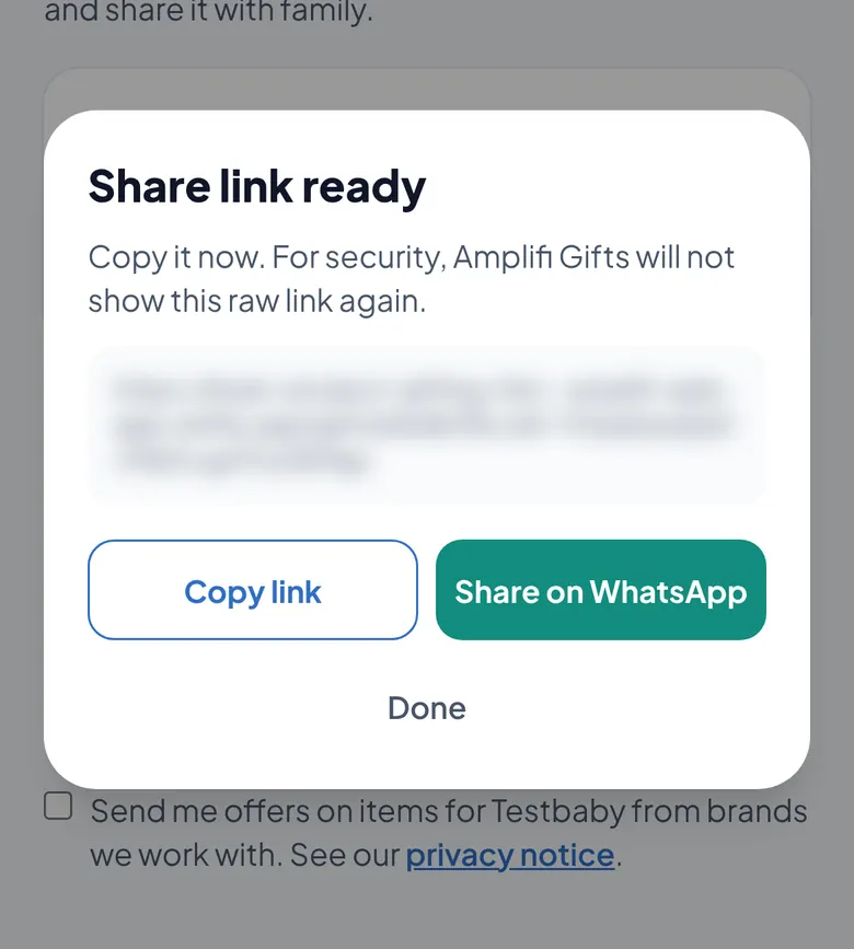 Screenshot of the Share link ready message in the test app, with Copy link and Share on WhatsApp buttons. The link itself is blurred