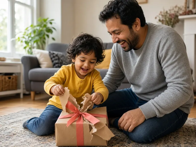A toddler pulls the ribbon off a wrapped birthday present on the living-room rug while their dad laughs alongside