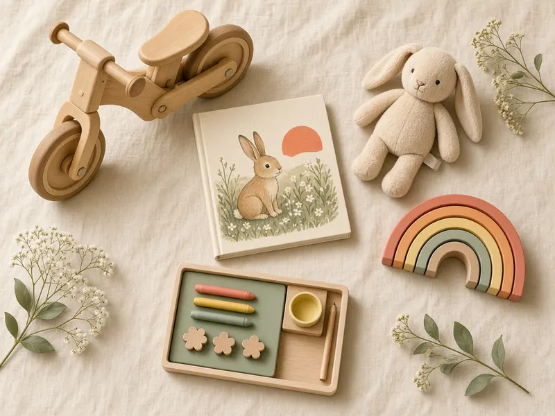 Wooden toys for a young child laid out on a cream background, including a balance bike, a rainbow stacker, a soft bunny and a picture book