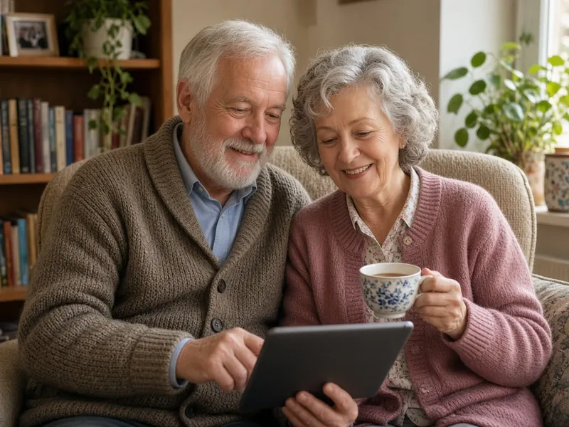 Grandparents sitting together on a sofa, smiling as they look at a tablet to choose a present
