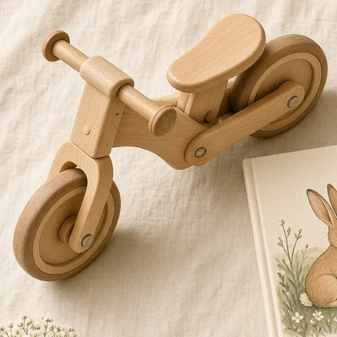 A wooden balance bike for a young child