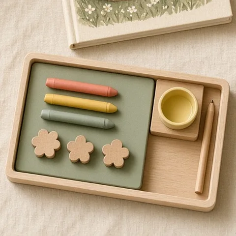 A set of chunky crayons and stamps in a wooden tray